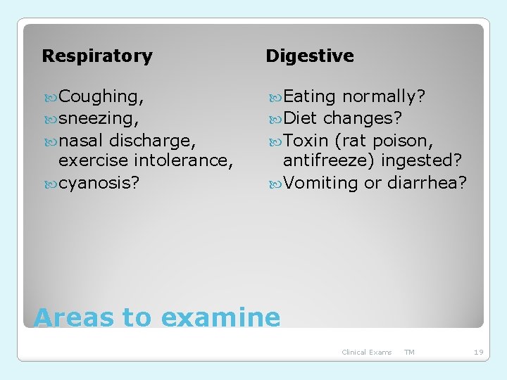 Respiratory Digestive Coughing, Eating sneezing, nasal discharge, exercise intolerance, cyanosis? normally? Diet changes? Toxin