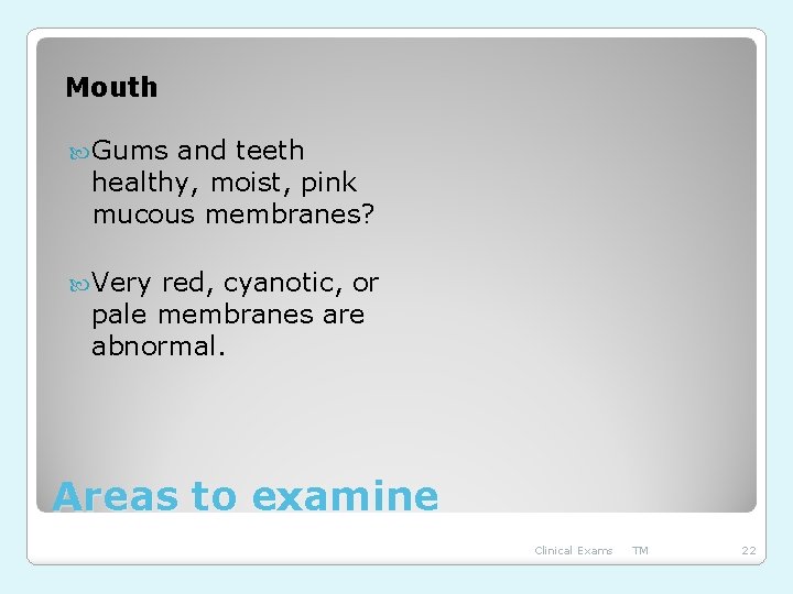 Mouth Gums and teeth healthy, moist, pink mucous membranes? Very red, cyanotic, or pale