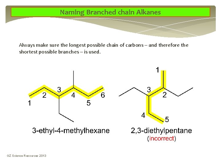 Naming Branched chain Alkanes Always make sure the longest possible chain of carbons – Naming Branched chain Alkanes Always make sure the longest possible chain of carbons –
