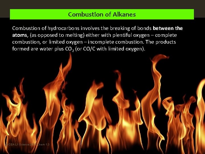 Combustion of Alkanes Combustion of hydrocarbons involves the breaking of bonds between the atoms, Combustion of Alkanes Combustion of hydrocarbons involves the breaking of bonds between the atoms,
