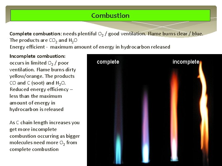 Combustion Complete combustion: needs plentiful O 2 / good ventilation. Flame burns clear / Combustion Complete combustion: needs plentiful O 2 / good ventilation. Flame burns clear /