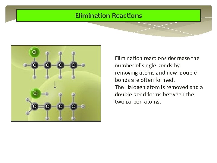 Elimination Reactions Elimination reactions decrease the number of single bonds by removing atoms and Elimination Reactions Elimination reactions decrease the number of single bonds by removing atoms and