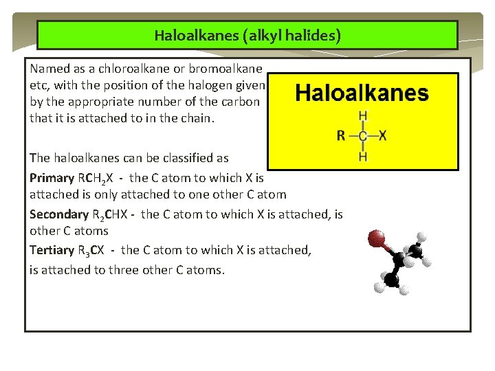 Haloalkanes (alkyl halides) Named as a chloroalkane or bromoalkane etc, with the position of Haloalkanes (alkyl halides) Named as a chloroalkane or bromoalkane etc, with the position of