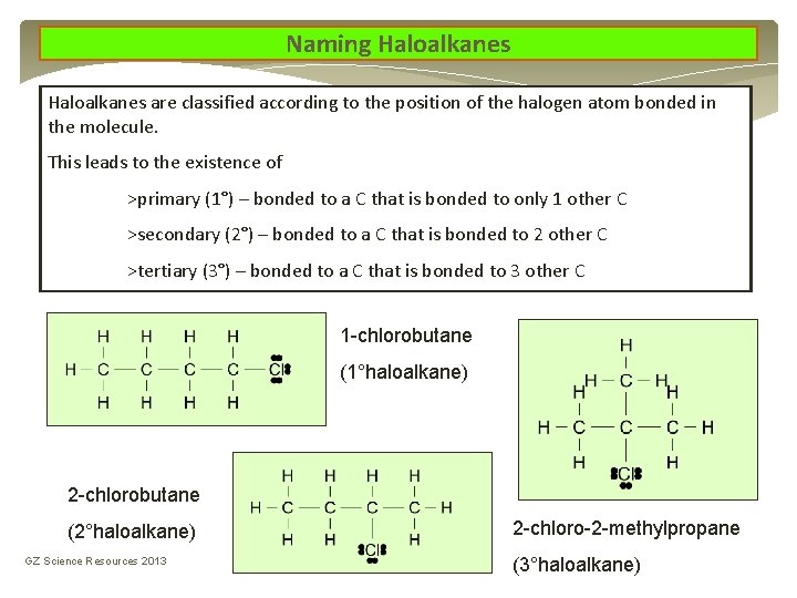 Naming Haloalkanes are classified according to the position of the halogen atom bonded in Naming Haloalkanes are classified according to the position of the halogen atom bonded in
