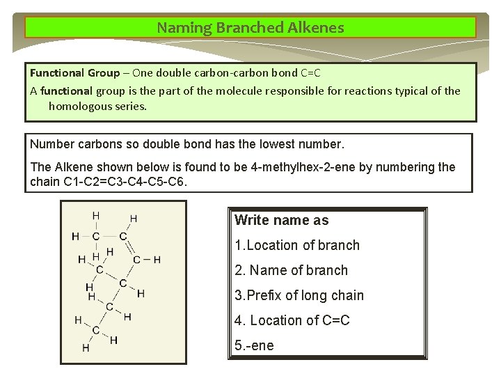 Naming Branched Alkenes Functional Group – One double carbon-carbon bond C=C A functional group Naming Branched Alkenes Functional Group – One double carbon-carbon bond C=C A functional group