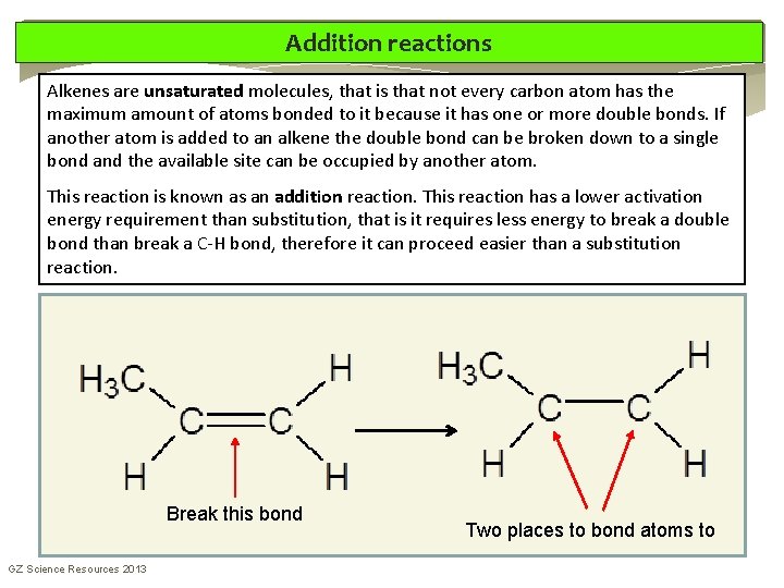 Addition reactions Alkenes are unsaturated molecules, that is that not every carbon atom has Addition reactions Alkenes are unsaturated molecules, that is that not every carbon atom has