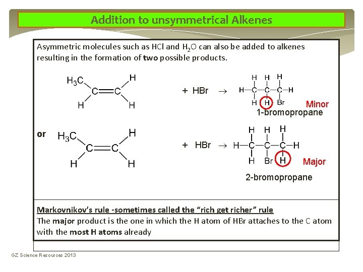 Addition to unsymmetrical Alkenes Asymmetric molecules such as HCl and H 2 O can Addition to unsymmetrical Alkenes Asymmetric molecules such as HCl and H 2 O can