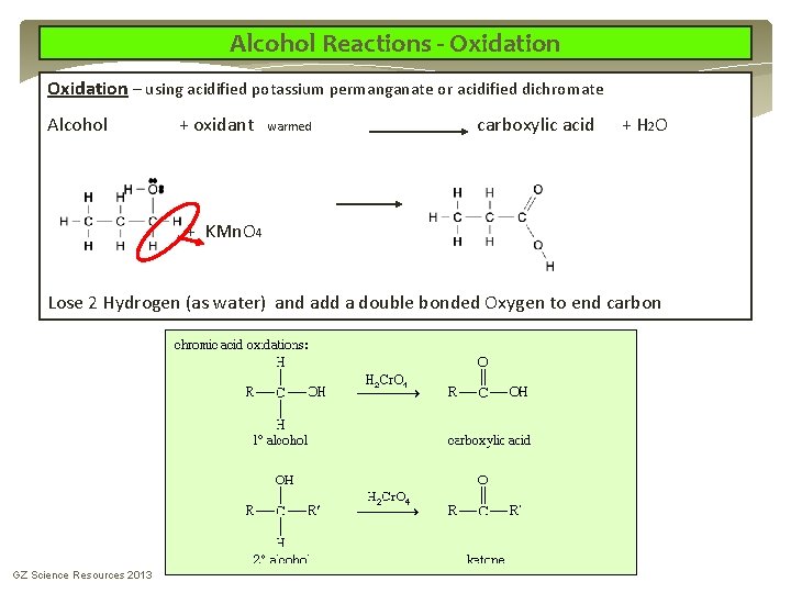 Alcohol Reactions - Oxidation – using acidified potassium permanganate or acidified dichromate Alcohol + Alcohol Reactions - Oxidation – using acidified potassium permanganate or acidified dichromate Alcohol +