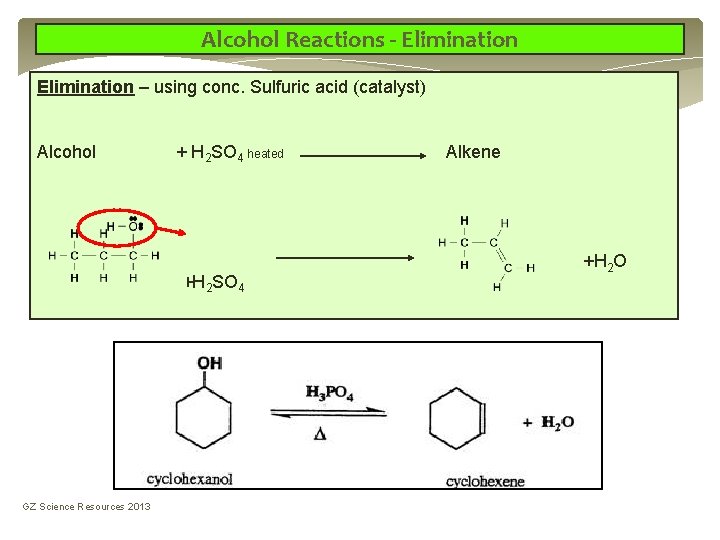 Alcohol Reactions - Elimination – using conc. Sulfuric acid (catalyst) Alcohol + H 2 Alcohol Reactions - Elimination – using conc. Sulfuric acid (catalyst) Alcohol + H 2