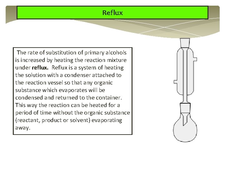 Reflux The rate of substitution of primary alcohols is increased by heating the reaction Reflux The rate of substitution of primary alcohols is increased by heating the reaction