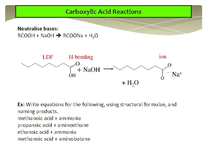 Carboxylic Acid Reactions Neutralise bases: RCOOH + Na. OH RCOONa + H 2 O Carboxylic Acid Reactions Neutralise bases: RCOOH + Na. OH RCOONa + H 2 O
