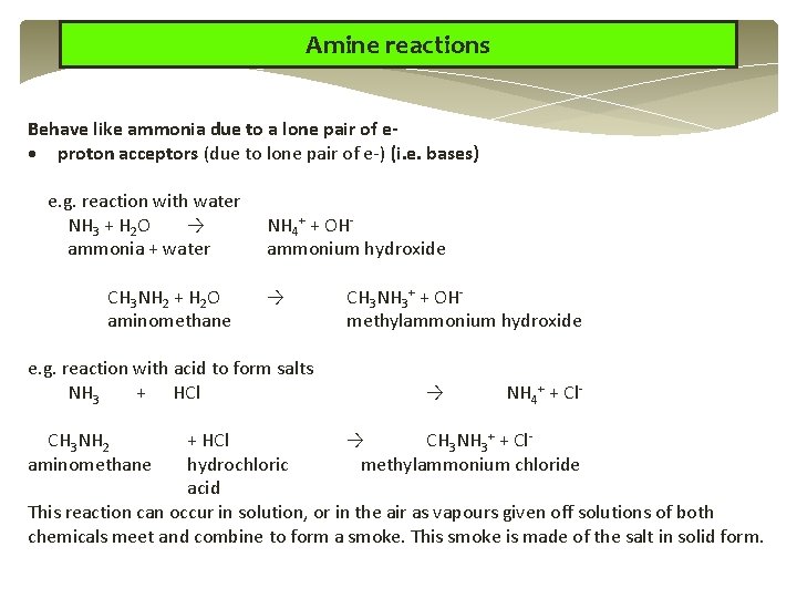 Amine reactions Behave like ammonia due to a lone pair of e- proton acceptors Amine reactions Behave like ammonia due to a lone pair of e- proton acceptors
