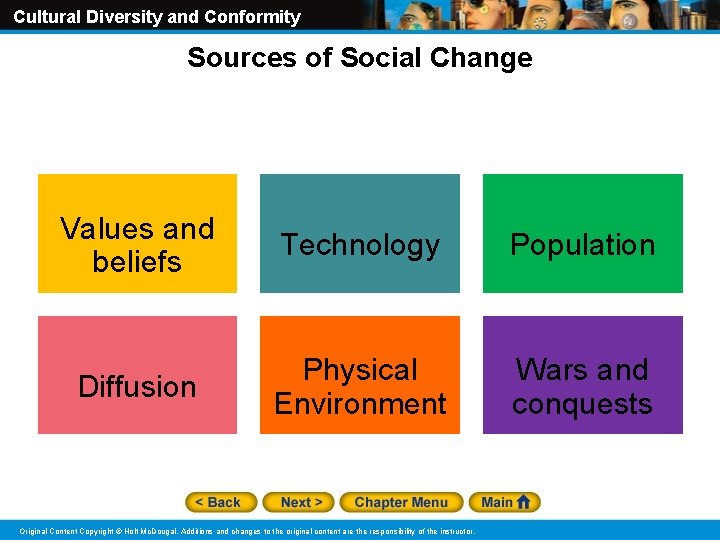 Cultural Diversity and Conformity Sources of Social Change Values and beliefs Technology Population Diffusion