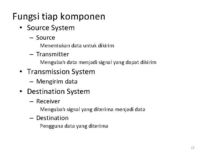 Fungsi tiap komponen • Source System – Source Menentukan data untuk dikirim – Transmitter Fungsi tiap komponen • Source System – Source Menentukan data untuk dikirim – Transmitter
