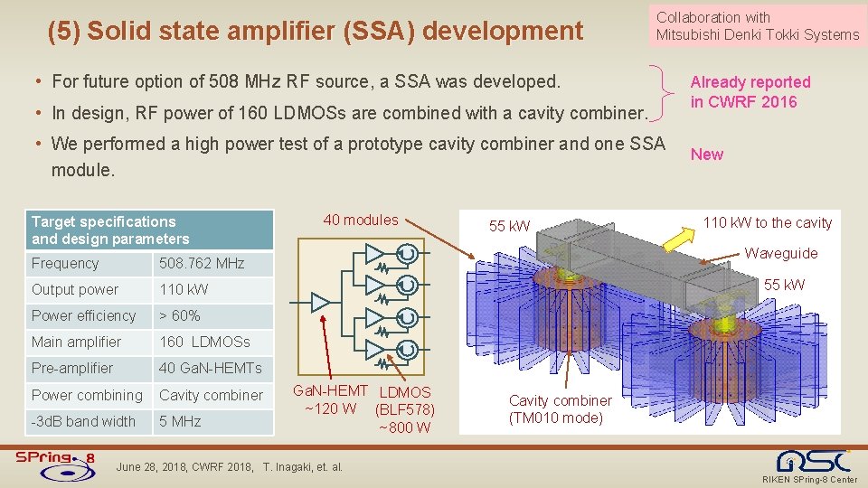 (5) Solid state amplifier (SSA) development Collaboration with Mitsubishi Denki Tokki Systems • For (5) Solid state amplifier (SSA) development Collaboration with Mitsubishi Denki Tokki Systems • For