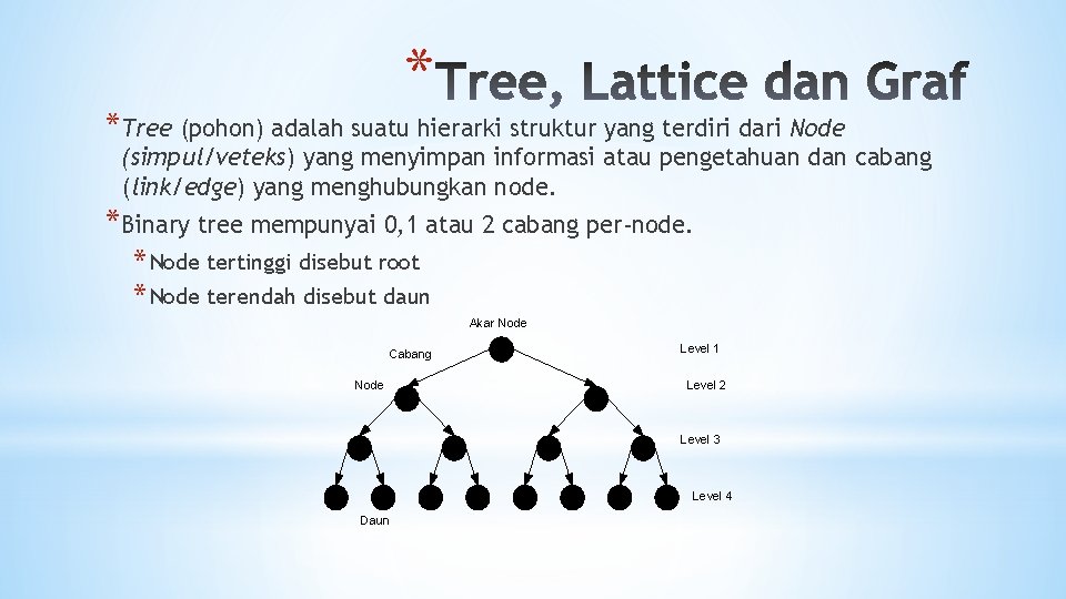 * *Tree (pohon) adalah suatu hierarki struktur yang terdiri dari Node (simpul/veteks) yang menyimpan