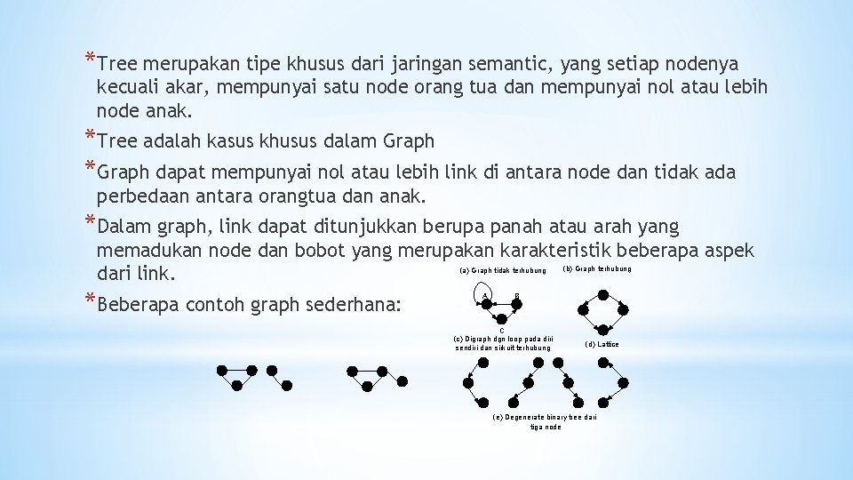 *Tree merupakan tipe khusus dari jaringan semantic, yang setiap nodenya kecuali akar, mempunyai satu