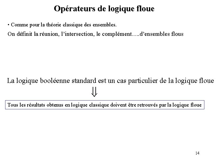 Opérateurs de logique floue • Comme pour la théorie classique des ensembles. On définit