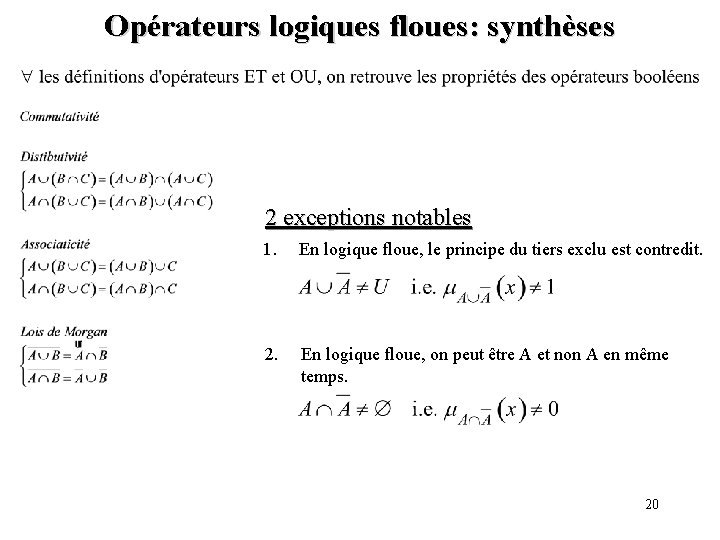 Opérateurs logiques floues: synthèses 2 exceptions notables 1. En logique floue, le principe du