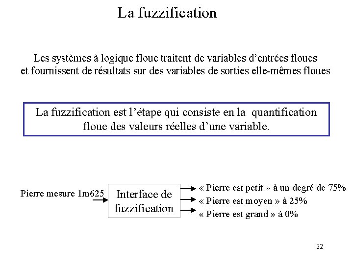 La fuzzification Les systèmes à logique floue traitent de variables d’entrées floues et fournissent