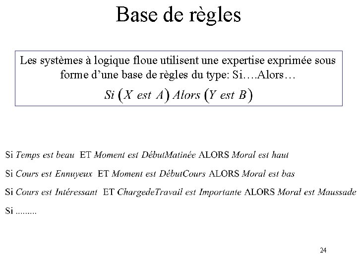 Base de règles Les systèmes à logique floue utilisent une expertise exprimée sous forme