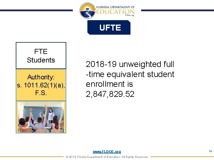 UFTE Students Authority: s. 1011. 62(1)(a), F. S. 2018 -19 unweighted full -time equivalent