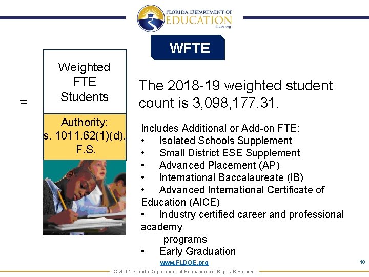 WFTE = Weighted FTE Students The 2018 -19 weighted student count is 3, 098,