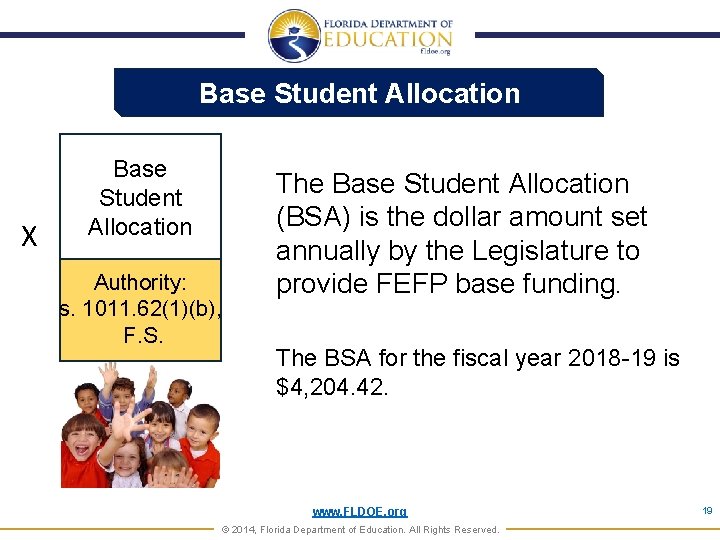 Base Student Allocation X Base Student Allocation Authority: s. 1011. 62(1)(b), F. S. The