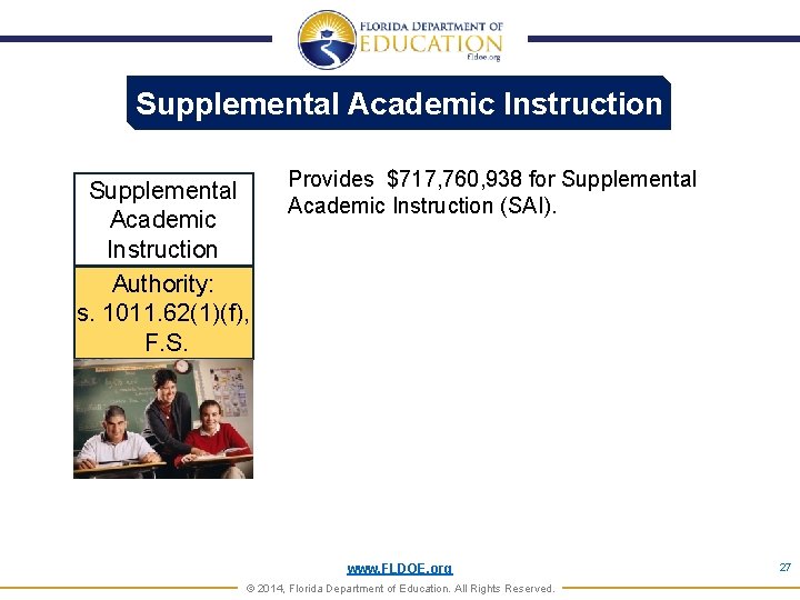 Supplemental Academic Instruction Authority: s. 1011. 62(1)(f), F. S. Provides $717, 760, 938 for