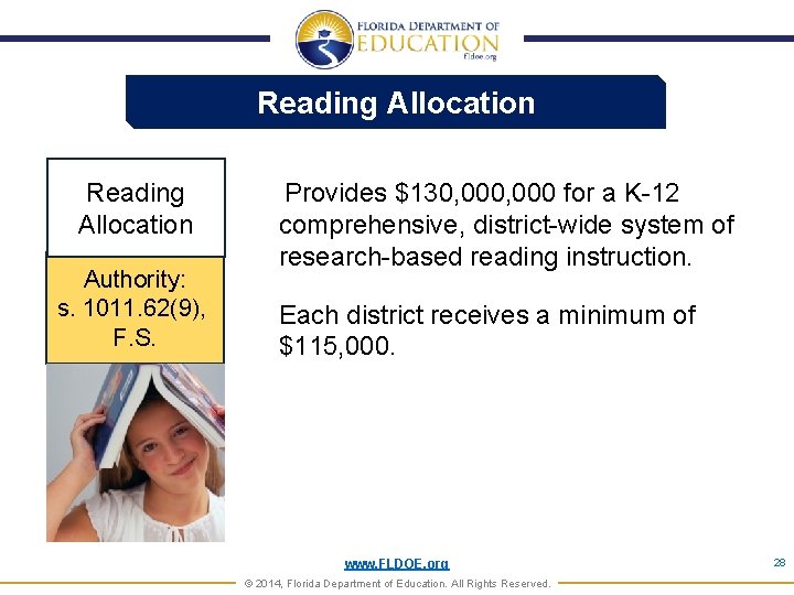 Reading Allocation Authority: s. 1011. 62(9), F. S. Provides $130, 000 for a K-12
