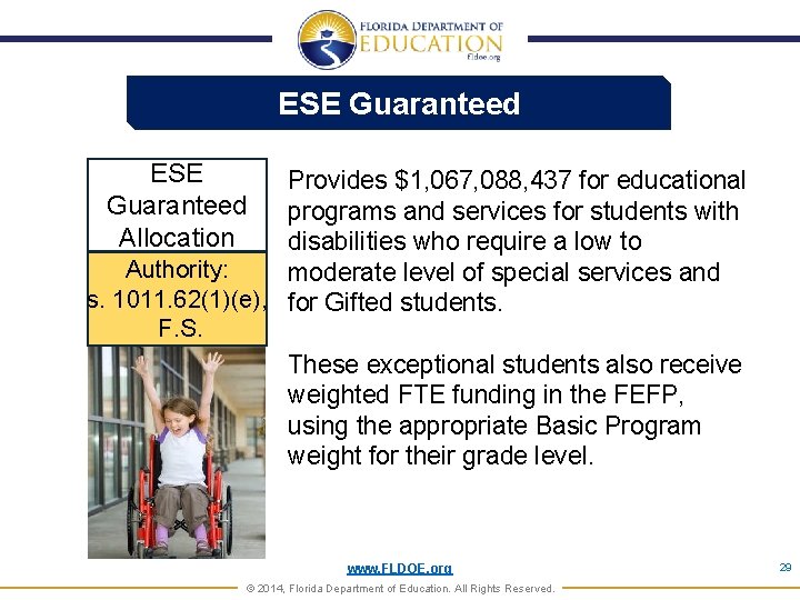 ESE Guaranteed Allocation Provides $1, 067, 088, 437 for educational programs and services for