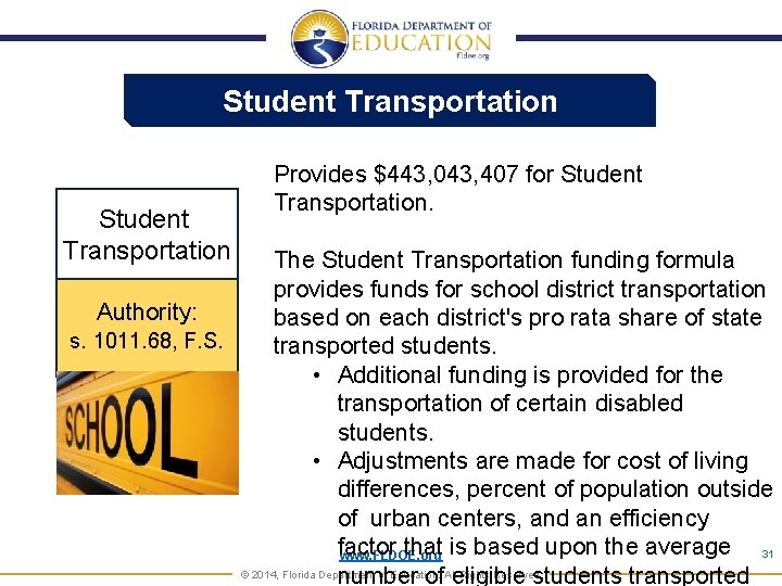 Student Transportation Provides $443, 043, 407 for Student Transportation. The Student Transportation funding formula
