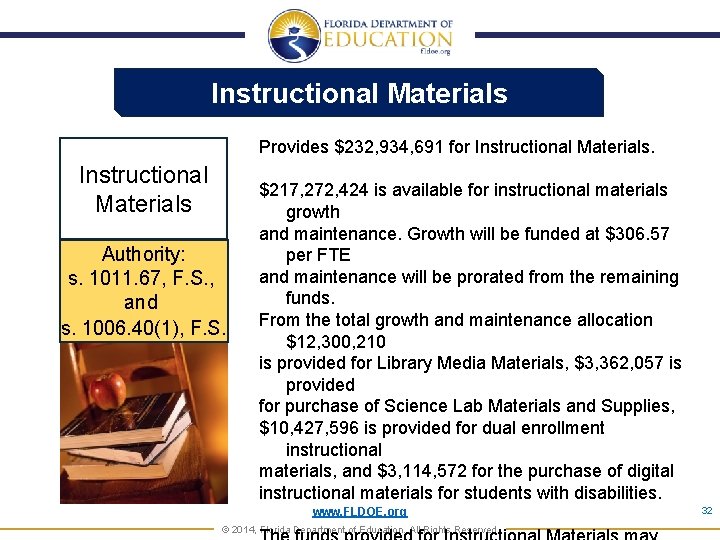 Instructional Materials Provides $232, 934, 691 for Instructional Materials Authority: s. 1011. 67, F.