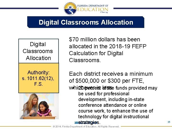 Digital Classrooms Allocation Authority: s. 1011. 62(12), F. S. $70 million dollars has been