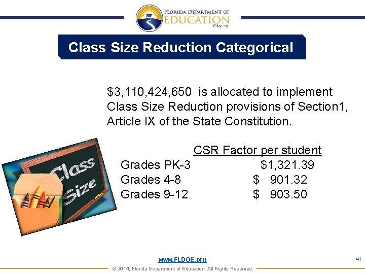 Class Size Reduction Categorical $3, 110, 424, 650 is allocated to implement Class Size