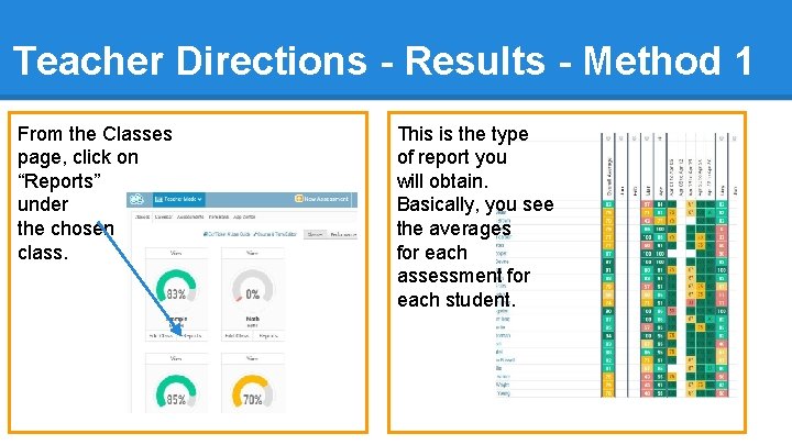 Teacher Directions - Results - Method 1 From the Classes page, click on “Reports”