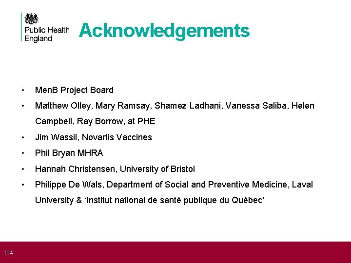  114 Acknowledgements • Men. B Project Board • Matthew Olley, Mary Ramsay, Shamez