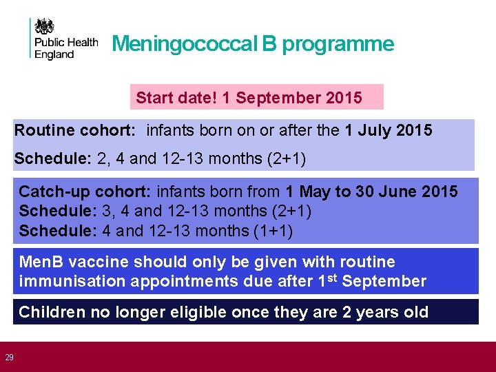 Meningococcal B programme Start date! 1 September 2015 Routine cohort: infants born on or