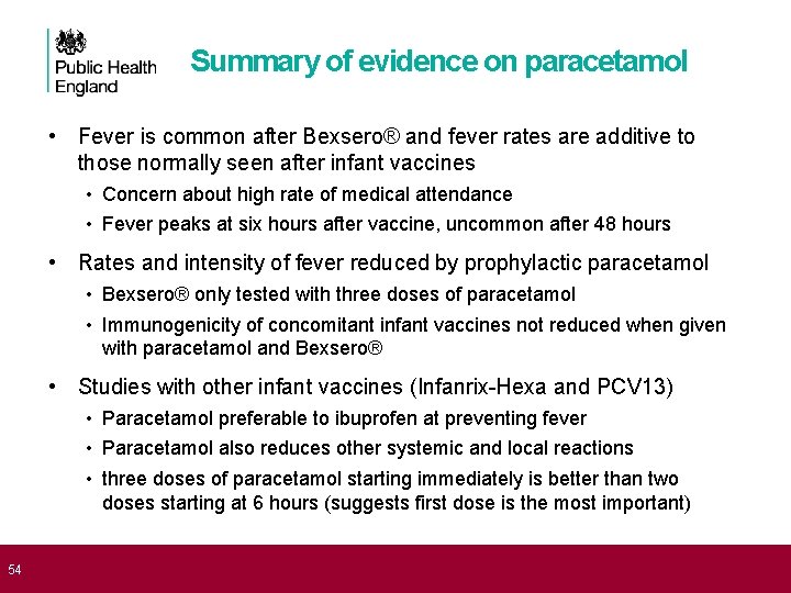  54 Summary of evidence on paracetamol • Fever is common after Bexsero® and