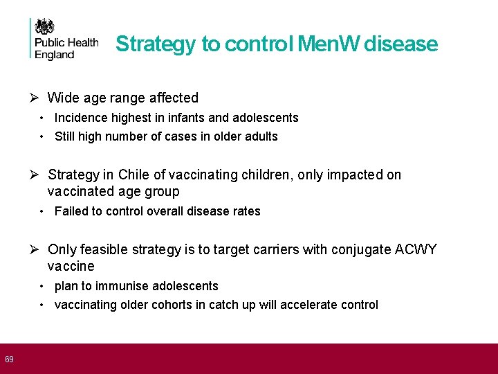  69 Strategy to control Men. W disease Ø Wide age range affected •