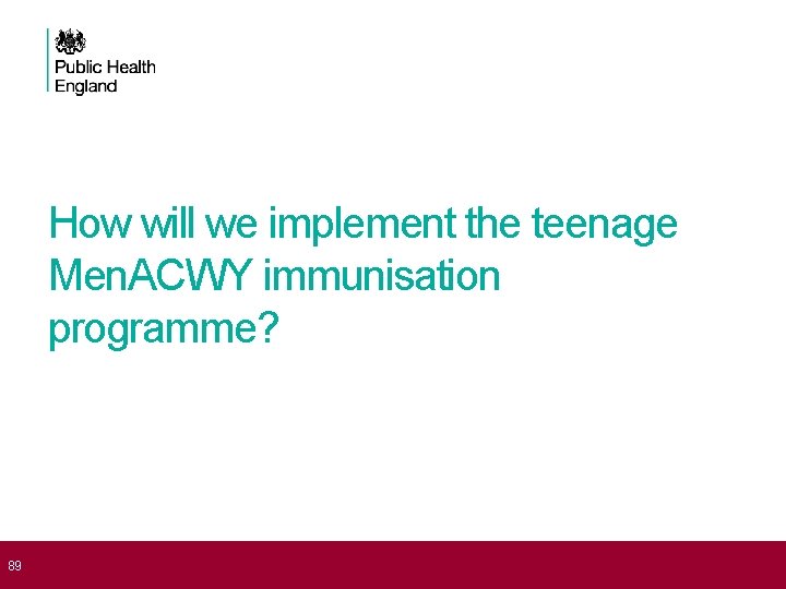  89 How will we implement the teenage Men. ACWY immunisation programme? 