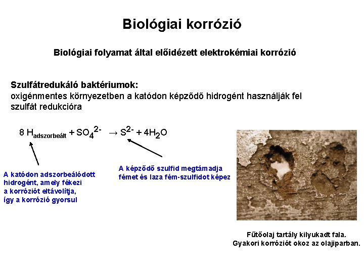 Biológiai korrózió Biológiai folyamat által előidézett elektrokémiai korrózió Szulfátredukáló baktériumok: oxigénmentes környezetben a katódon