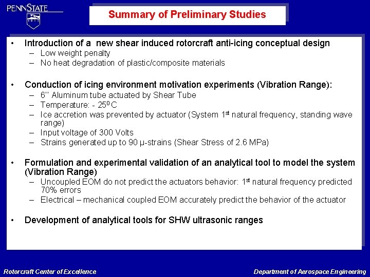 Summary of Preliminary Studies • Introduction of a new shear induced rotorcraft anti-icing conceptual