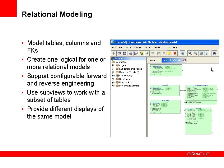 Relational Modeling • Model tables, columns and FKs • Create one logical for one