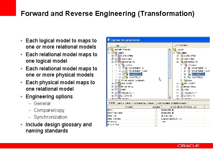 Forward and Reverse Engineering (Transformation) • Each logical model to maps to one or