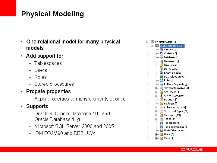 Physical Modeling • One relational model for many physical models • Add support for