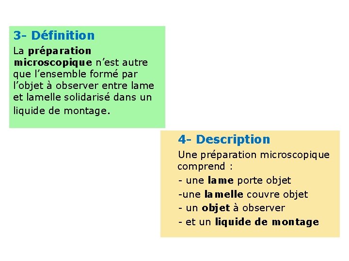 3 - Définition La préparation microscopique n’est autre que l’ensemble formé par l’objet à