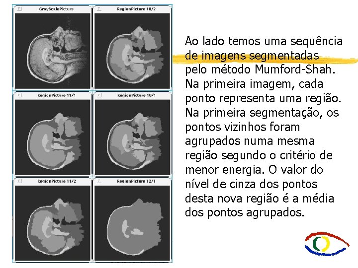 Ao lado temos uma sequência de imagens segmentadas pelo método Mumford-Shah. Na primeira imagem,