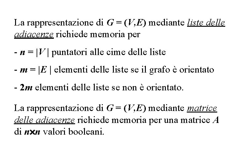 La rappresentazione di G = (V, E) mediante liste delle adiacenze richiede memoria per