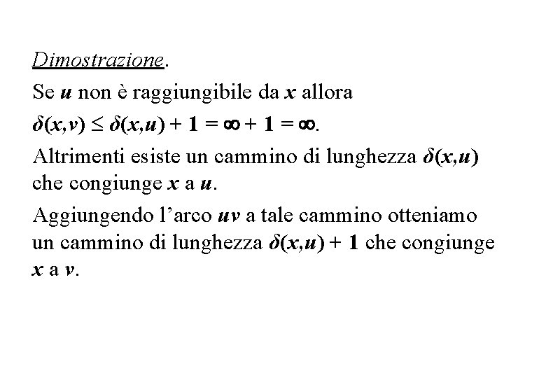 Dimostrazione. Se u non è raggiungibile da x allora δ(x, v) δ(x, u) +